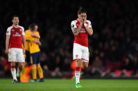 <p>Soccer Football – Europa League Semi Final First Leg – Arsenal vs Atletico Madrid – Emirates Stadium, London, Britain – April 26, 2018 Arsenal’s Hector Bellerin reacts after the game REUTERS/Dylan Martinez </p>