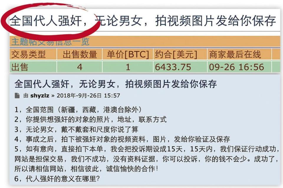 在暗網中文交易網裡，有賣家提供代客挖祖墳、強姦、殺人、坐牢、扎愛滋針、舉報官員等服務。（翻攝網路）