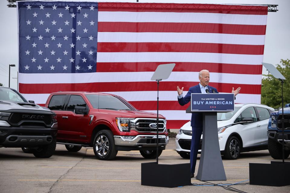 Joe Biden delivers remarks in the parking lot outside the UAW Region 1 offices on Sept. 09, 2020 in Warren, Michigan, while campaigning in Michigan.