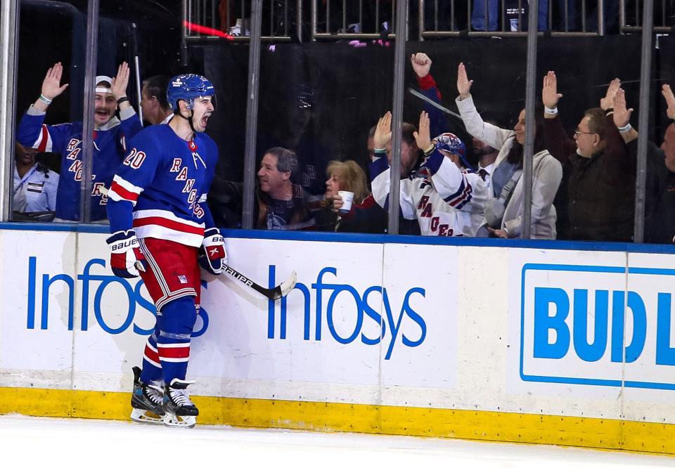 Nov 25, 2023; New York, New York, USA; New York Rangers left wing Chris Kreider (20) celebrates after scoring a short-handed goal against the Boston Bruins during the first period at Madison Square Garden.