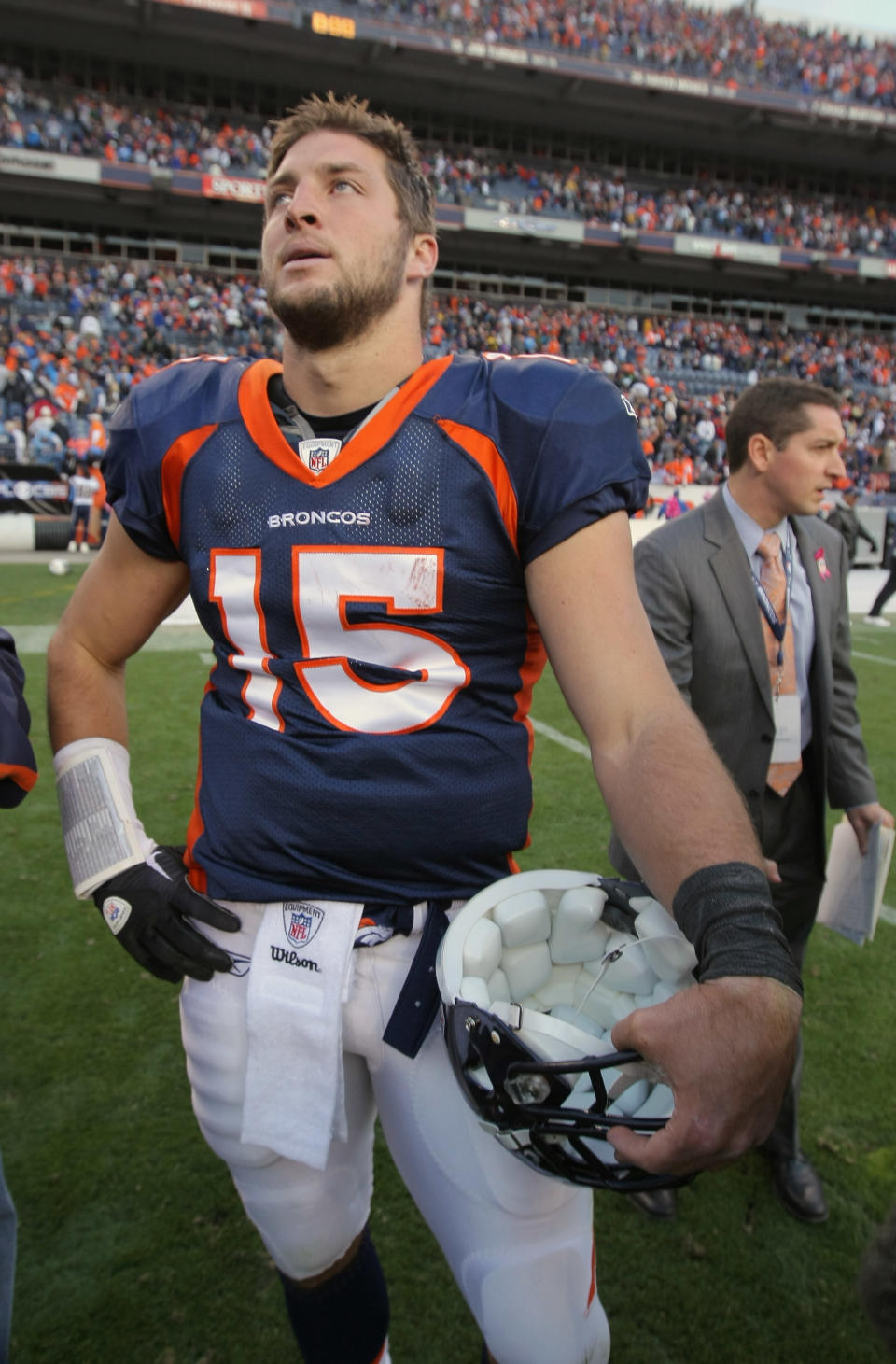 DENVER, CO - OCTOBER 09: Quarterback Tim Tebow #15 of the Denver Broncos looks on after the Broncos were defeated 29-24 by the San Diego Chargers at Sports Authority Field at Mile High on October 9, 2011 in Denver, Colorado. (Photo by Doug Pensinger/Getty Images)