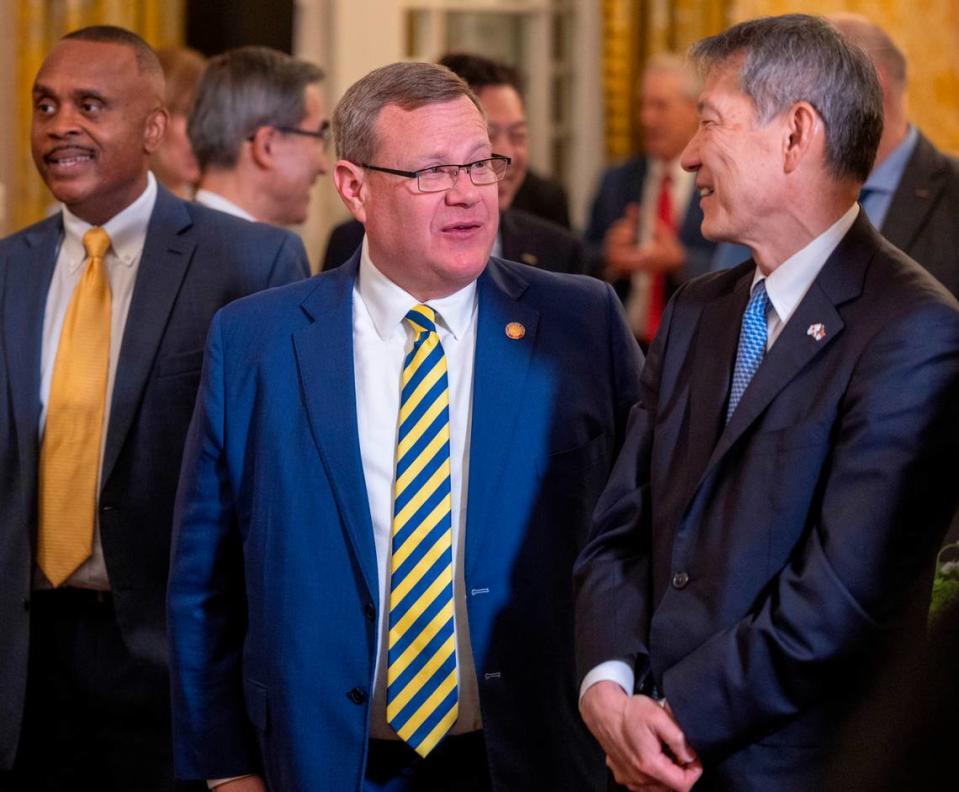 North Carolina House Speaker Tim Moore talks with guests prior to a luncheon in honor of Japanese Prime Minister Fumio Kishida on Friday, April 12, 2024 at the Executive Mansion in Raleigh, N.C.