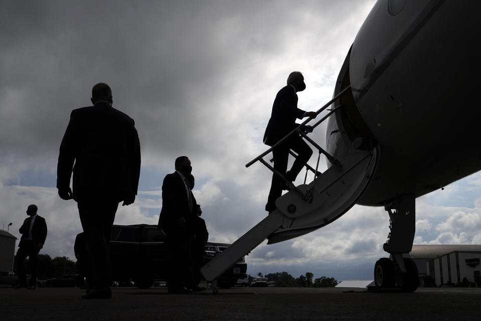 Democratic presidential candidate former Vice President Joe Biden boards his plane at Allegheny County Airport in West Mifflin, Pa., after speaking at a campaign event in Pittsburgh, Pa., Monday, Aug. 31, 2020. (AP Photo/Carolyn Kaster)