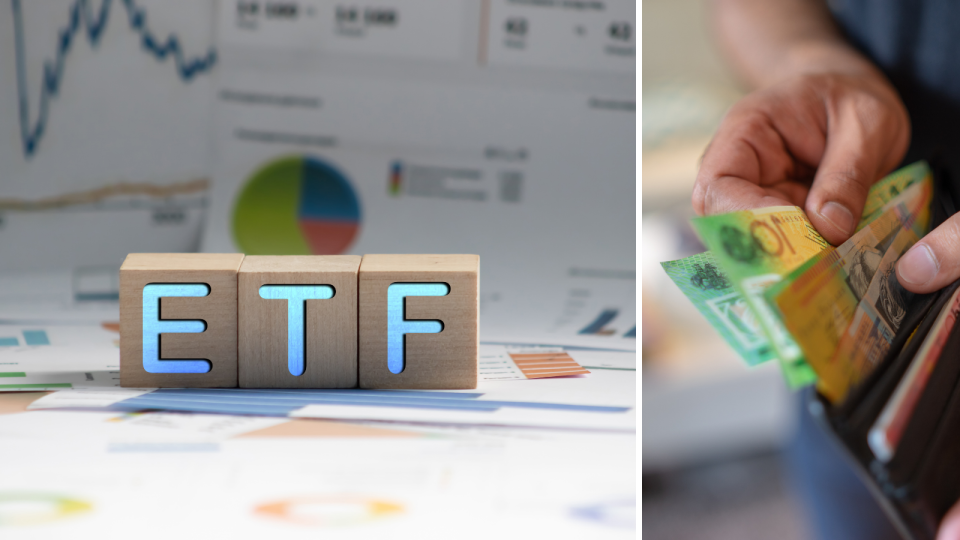 Wooden blocks spelling out ETF on a background of paper filled with graphs. A man removing money from a wallet.