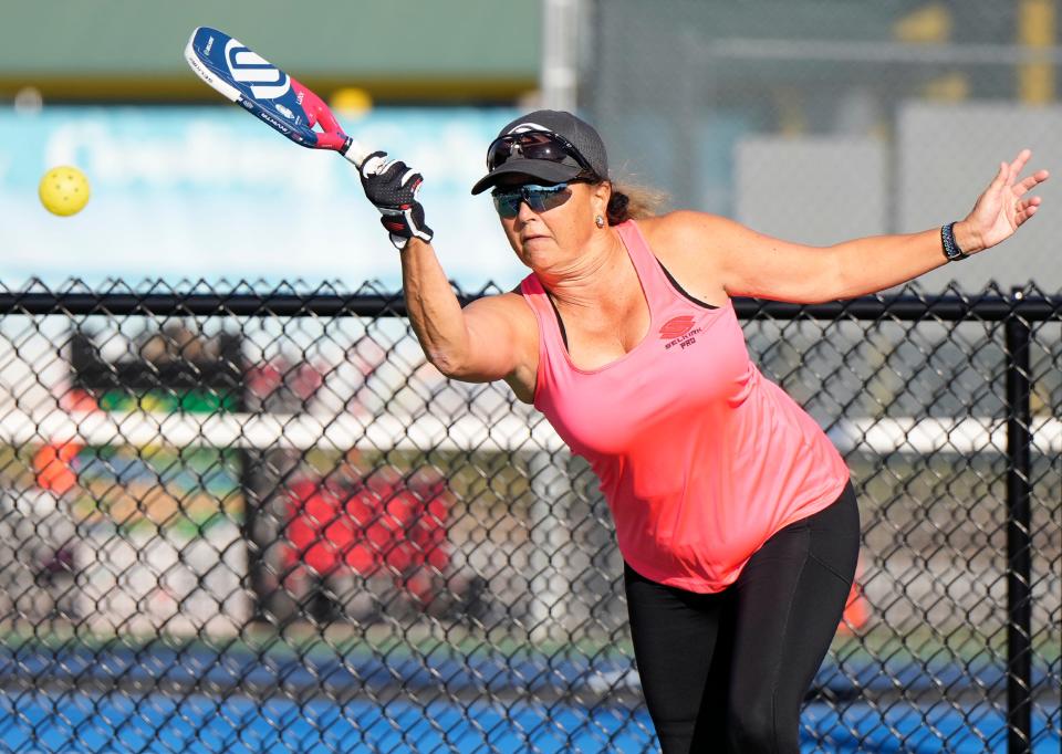 Pickleball players compete in the AARP Champions Cup Pickleball Tournament at Pictona at Holly Hill. The event has attracted roughly 500 players representing 38 states to participate in matches that run through Sunday.