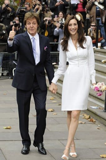 Sir Paul McCartney and Nancy Shevell arrive at Westminster Registry Office in Marylebone for their wedding in London. McCartney married for the third time on Sunday, tying the knot with New York heiress Shevell at the same London venue where he married his first wife