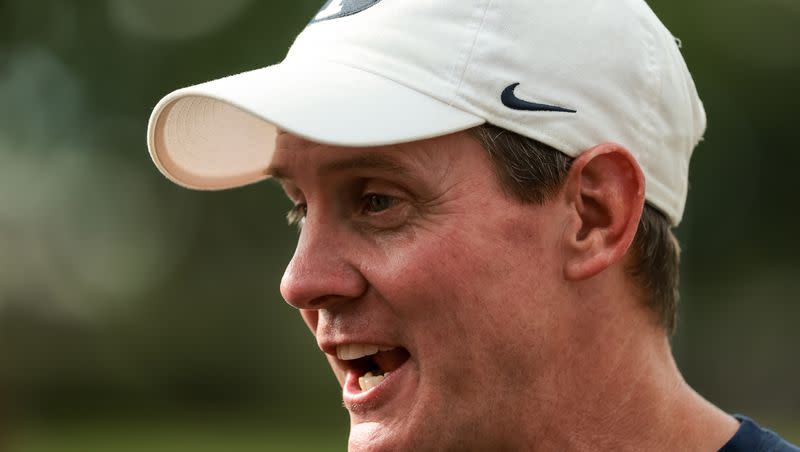 BYU Cougars football defensive coordinator Jay Hill talks to journalists after practice in Provo on Tuesday, Aug. 1, 2023. Hill will make his debut in Provo Saturday in the Cougars’ opener against Sam Houston.