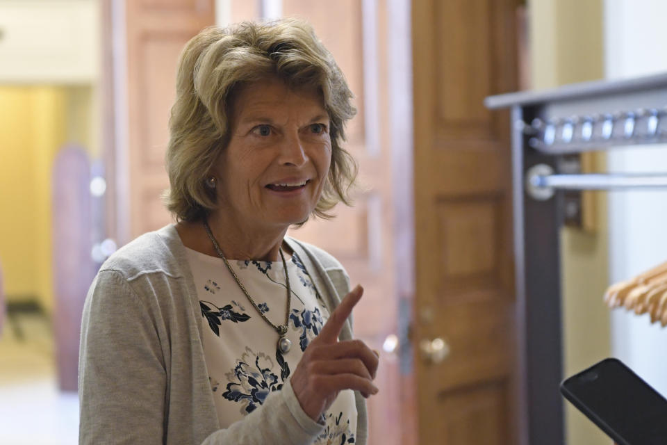 Sen. Lisa Murkowski, R-Alaska, talks to reporters on Capitol Hill in Washington, Wednesday, Jan. 15, 2020. (AP Photo/Susan Walsh)