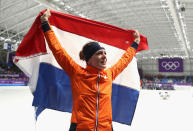 <p>Ireen Wust of The Netherlands celebrates winning the gold medal during the Ladies 1,500m Long Track Speed Skating final on day three of the PyeongChang 2018 Winter Olympic Games at Gangneung Oval on February 12, 2018 in Gangneung, South Korea. (Photo by Ronald Martinez/Getty Images) </p>