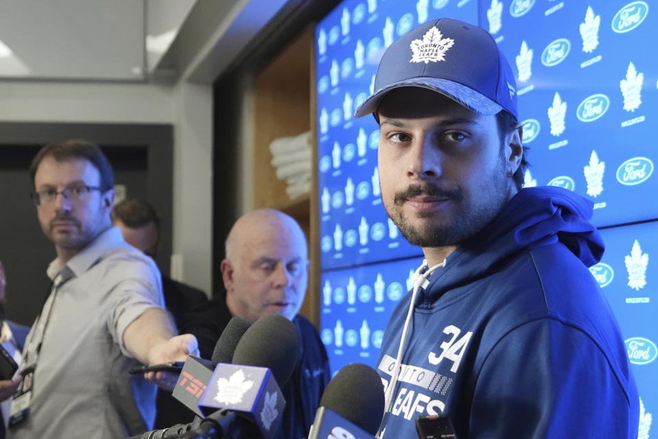 Toronto Maple Leafs centre Auston Matthews speaks to media during an end-of-season availability in Toronto, on Monday, May 15, 2023. The Maple Leafs were eliminated from the NHL playoffs by the Florida Panthers on Friday. (Nathan Denette/The Canadian Press via AP)