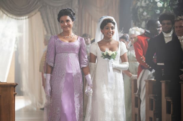 Shelley Conn as Mary Sharma and Charithra Chandran as Edwina Sharma in her wedding scene from Netflix's "Bridgerton" Season 2<p>Netflix</p>