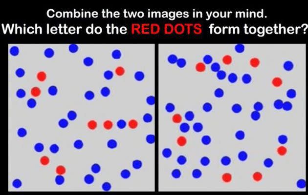 Can you see what letter is made when you combine the red dots from both images?