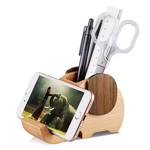 33) Wooden Elephant Cell Phone and Pen Holder