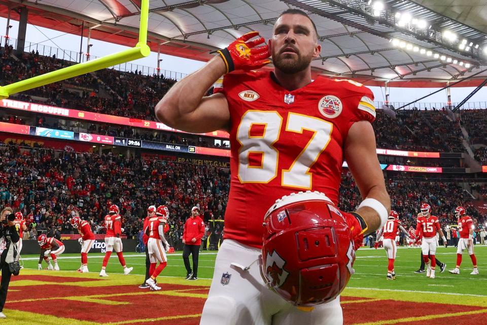 Kansas City Chiefs tight end Travis Kelce (87) reacts to fans before an NFL International Series game against the Miami Dolphins at Deutsche Bank Park.