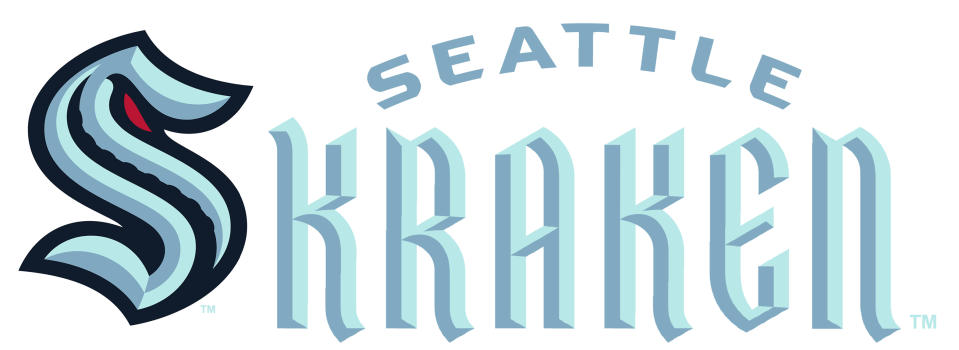 This combo of artists renderings released Thursday, July 23, 2020, by the Seattle Kraken, shows the NHL hockey team's new logo, left, and name. (Seattle Kraken via AP)