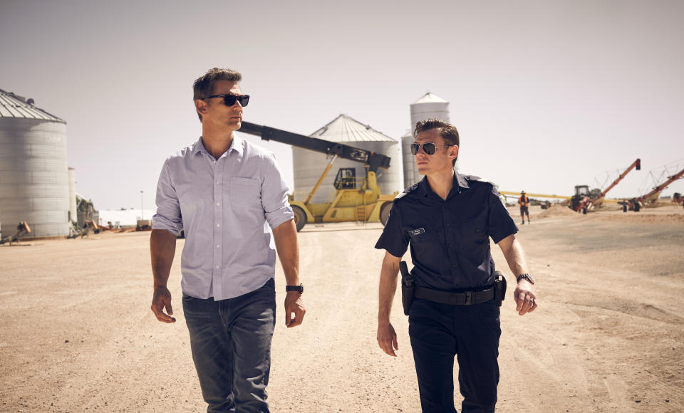 Eric Bana in character as Aaron Falkon and Keir O'Donnell in character as Greg Raco on the set of the film, The Dry