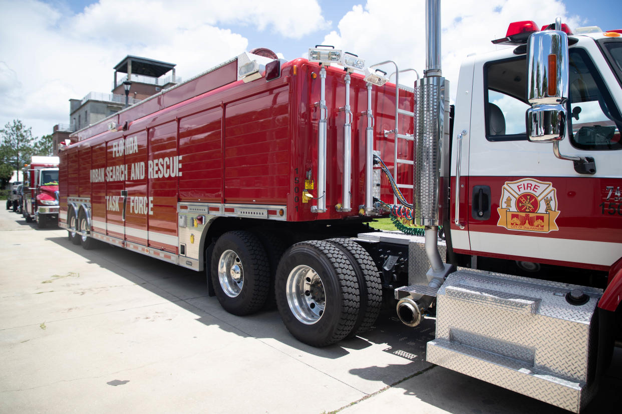 The Tallahassee Fire Department's Urban Search and Rescue Team's truck is prepared to deploy to Surfside to aid in the aftermath of the Champlain Towers South Condo collapse at Fire Station 4 on West Pensacola Street Sunday, June 27, 2021.