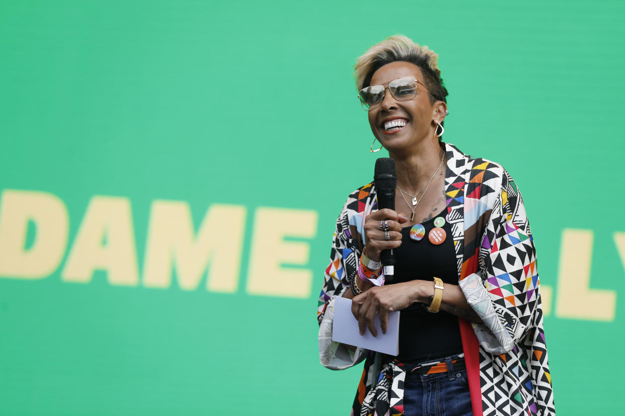 LONDON, ENGLAND - JULY 02: Dame Kelly Holmes on stage during Pride in London 2022: The 50th Anniversary at Trafalgar Square on July 02, 2022 in London, England. (Photo by Tristan Fewings/Getty Images for Pride In London)