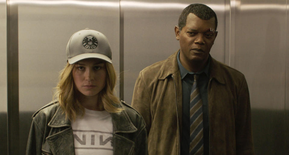 Brie Larson and Samuel L Jackson as Carol Danvers and Nick Fury in <i>Captain Marvel</i> (Disney)