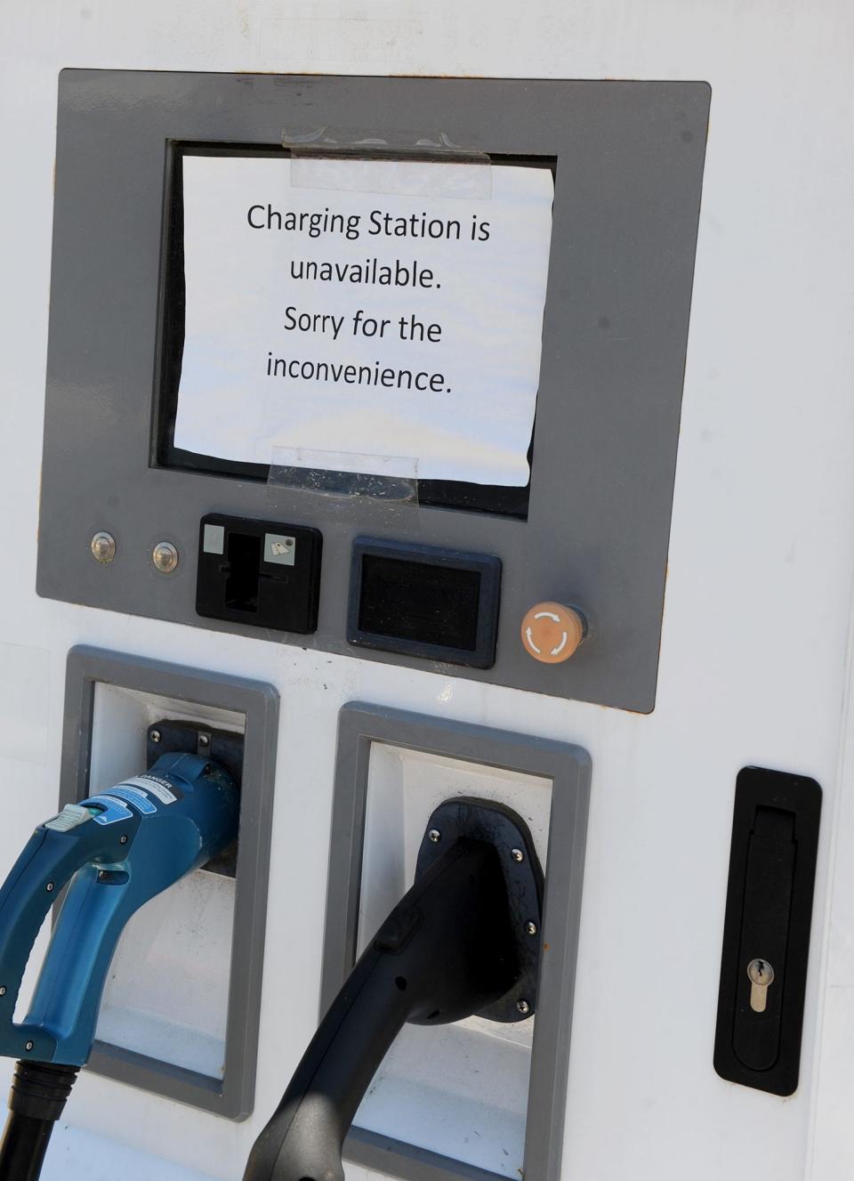 This electric vehicle charging station at the eastbound Mass Pike rest area in Natick has been out of commission for at least a year, according to two state senators, June 8, 2022.