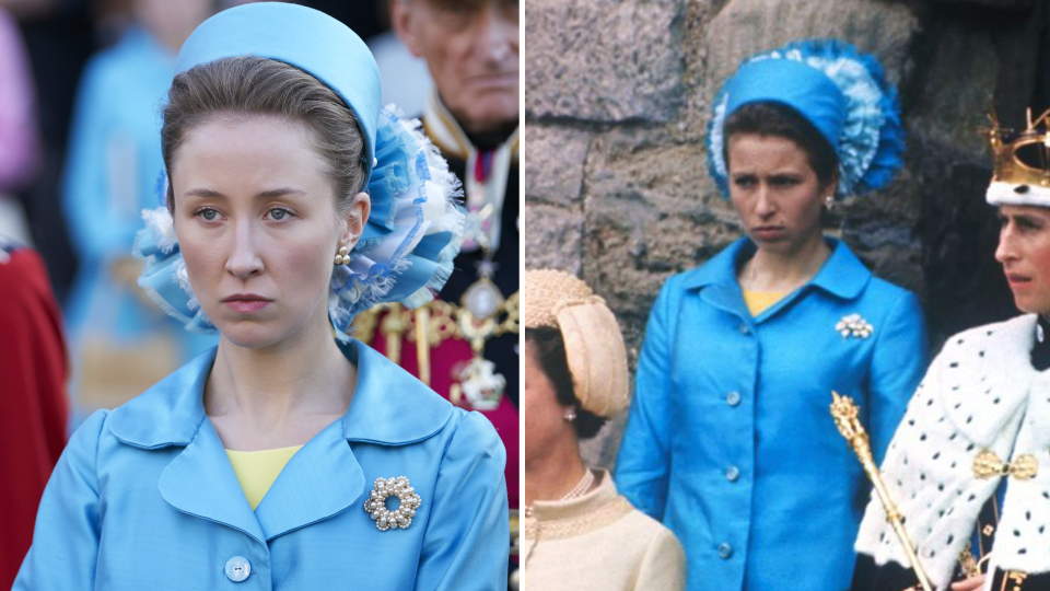 Actress Erin Doherty's as Princess Anne at her brother's Prince of Wales Investiture in The Crown. Also pictured is the real Princess Anne in 1969.