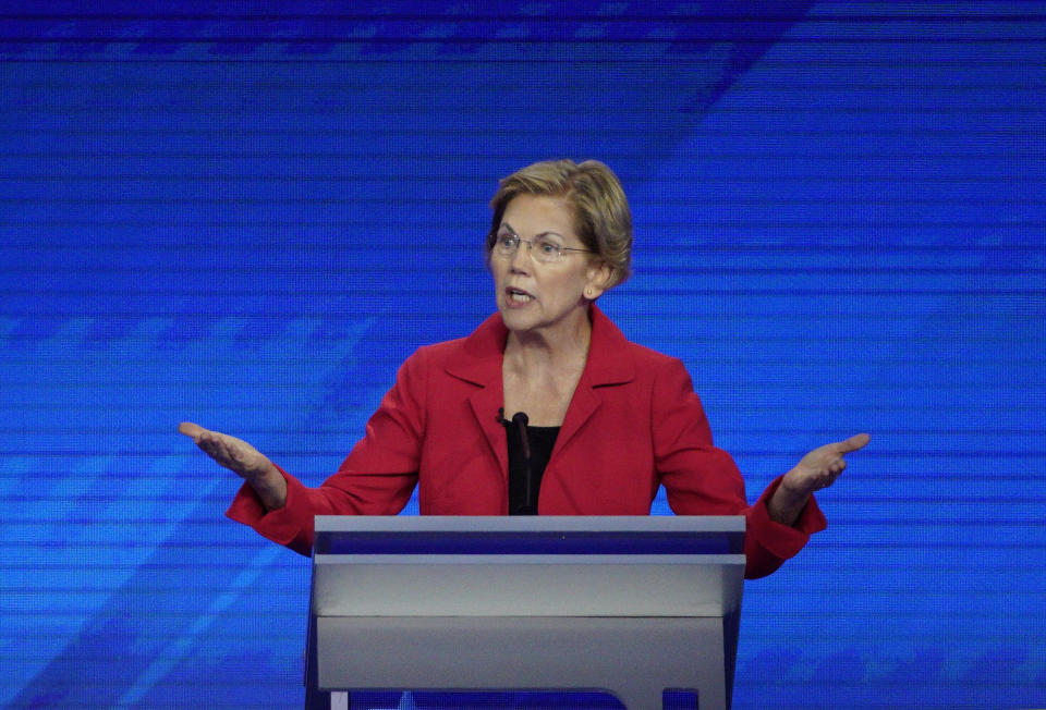 Sen. Elizabeth Warren, D-Mass., speaks Thursday, Sept. 12, 2019, during a Democratic presidential primary debate hosted by ABC at Texas Southern University in Houston. (AP Photo/David J. Phillip)