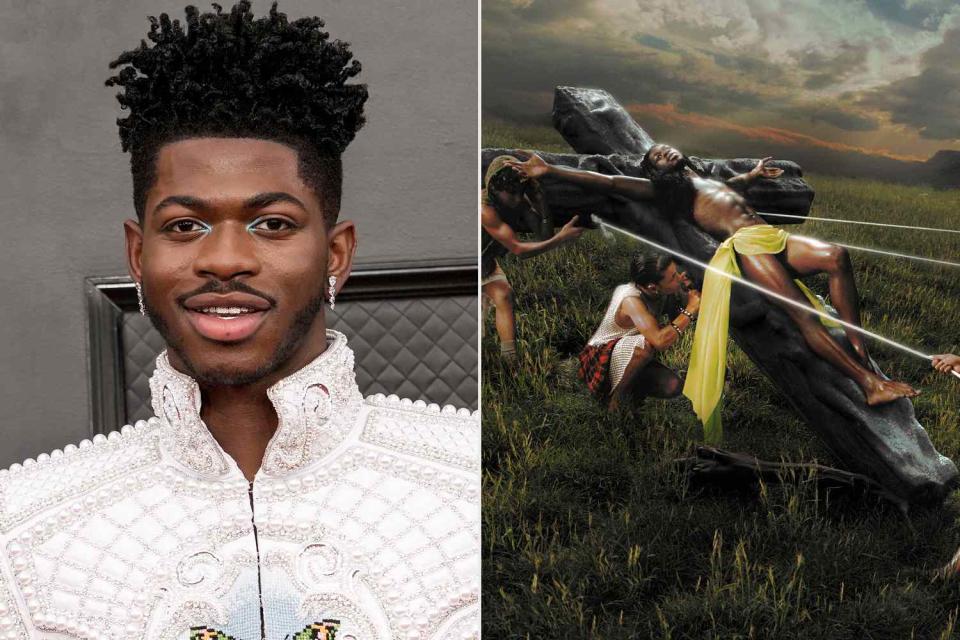 <p>Jeff Kravitz/FilmMagic; Hugo Comte/Lil Nas X</p> Lil Nas X (L), Cover art (R)