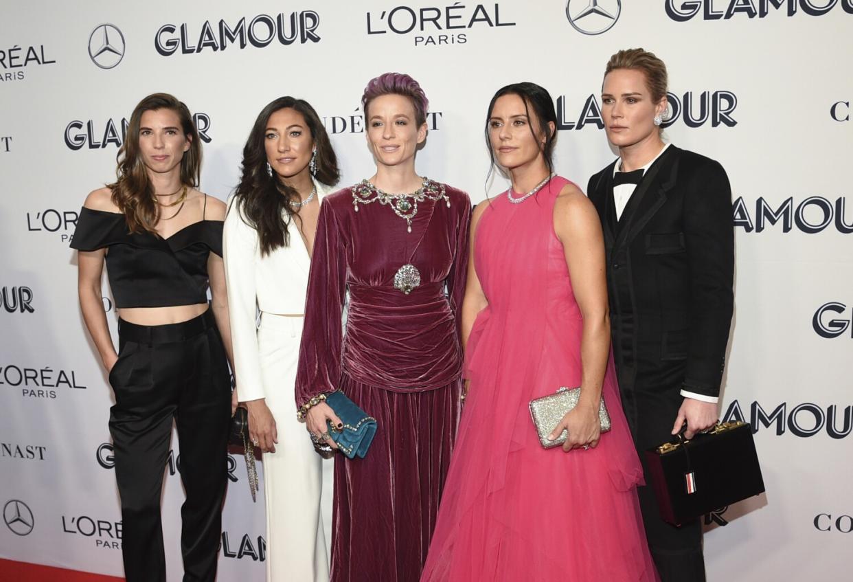 U.S. women's national team soccer players Tobin Heath, Christen Press, Megan Rapinoe, Ali Krieger and Ashlyn Harris.