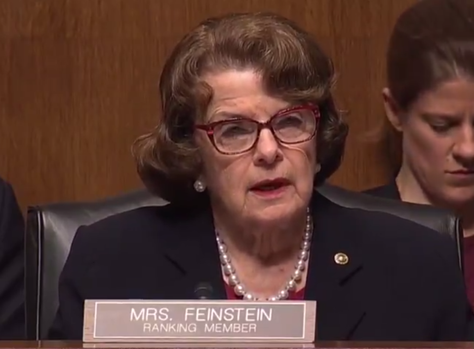 Dianne Feinstein speaking to Amy Cohen Barrett in 2017 at her hearing for the Seventh Circuit Court of Appeals. ((CSpan))