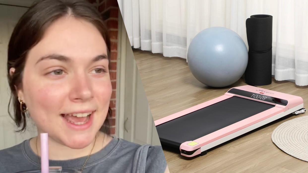  Hope Zuckerbrown on TikTok for Cozy Cardio video next to Soozier treadmill . 