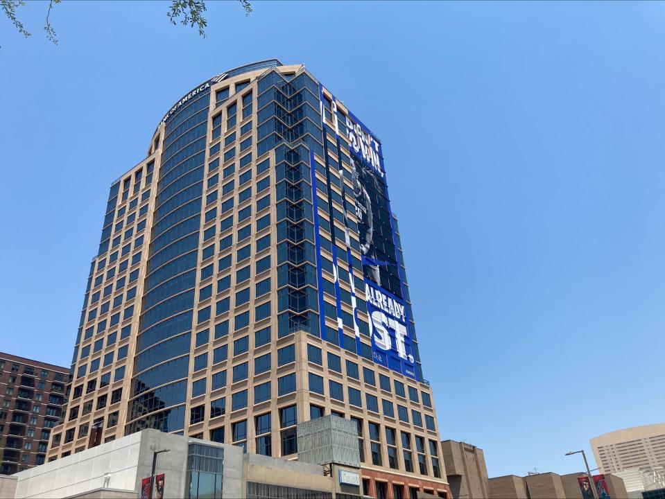 A Nike ad featuring New York Liberty guard Sabrina Ionescu is underway on a building in downtown Phoenix near Footprint Center for the upcoming WNBA All-Star Game on July 20.