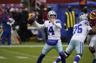 Dallas Cowboys quarterback Andy Dalton (14) passing the ball against Washington Football Team in the first half of an NFL football game, Sunday, Oct. 25, 2020, in Landover, Md. (AP Photo/Patrick Semansky)