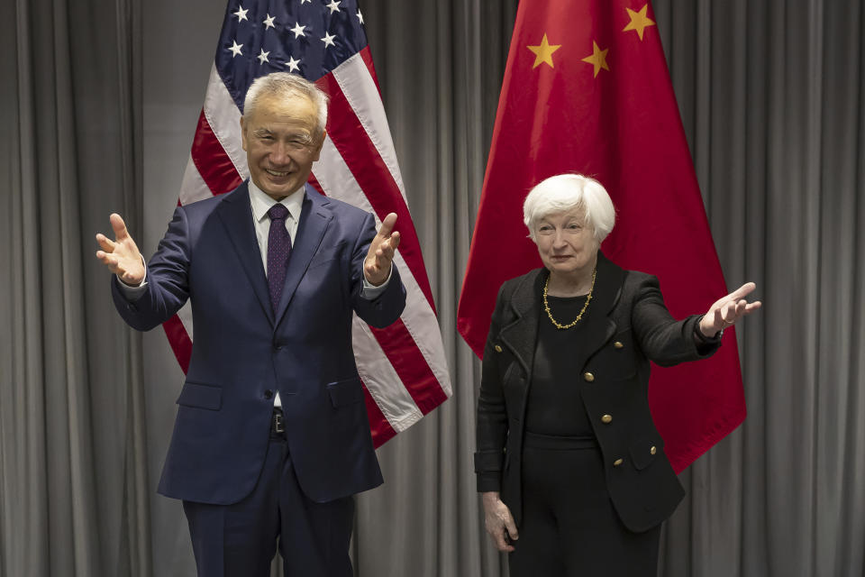 FILE - Treasury Secretary Janet Yellen, right, shakes hands with China's Vice-Premier Liu He during a bilateral meeting in Zurich, Switzerland on Jan. 18, 2023. (Michael Buholzer/Keystone via AP, File)