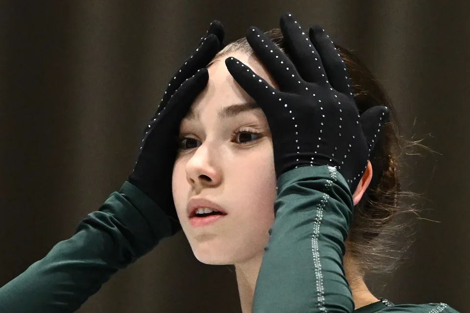Russia&#39;s Kamila Valieva attends a training session on February 11, 2022 prior the Figure Skating Event at the Beijing 2022 Olympic Games. (Photo by Anne-Christine POUJOULAT / AFP) (Photo by ANNE-CHRISTINE POUJOULAT/AFP via Getty Images)