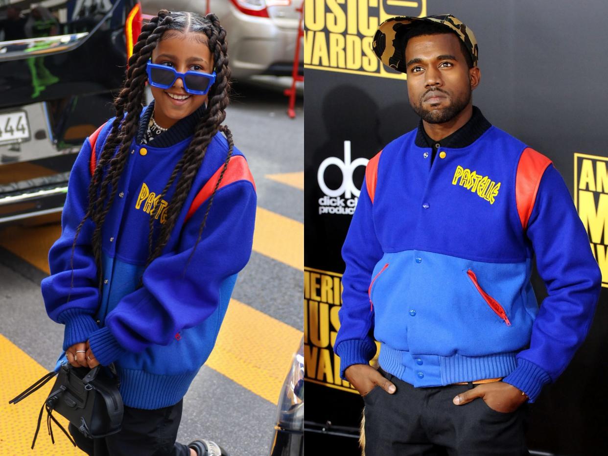 left: north west wearing a bright blue and red pastelle brand jacket and blue sunglasses while crossing the street; right: kanye west in 2008 wearing the same jacket on a red carpet