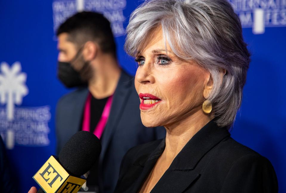 Actress Jane Fonda takes interviews on the red carpet before the world premiere for "80 For Brady" during the Palm Springs International Film Festival in Palm Springs, Calif., Friday, Jan. 6, 2023.