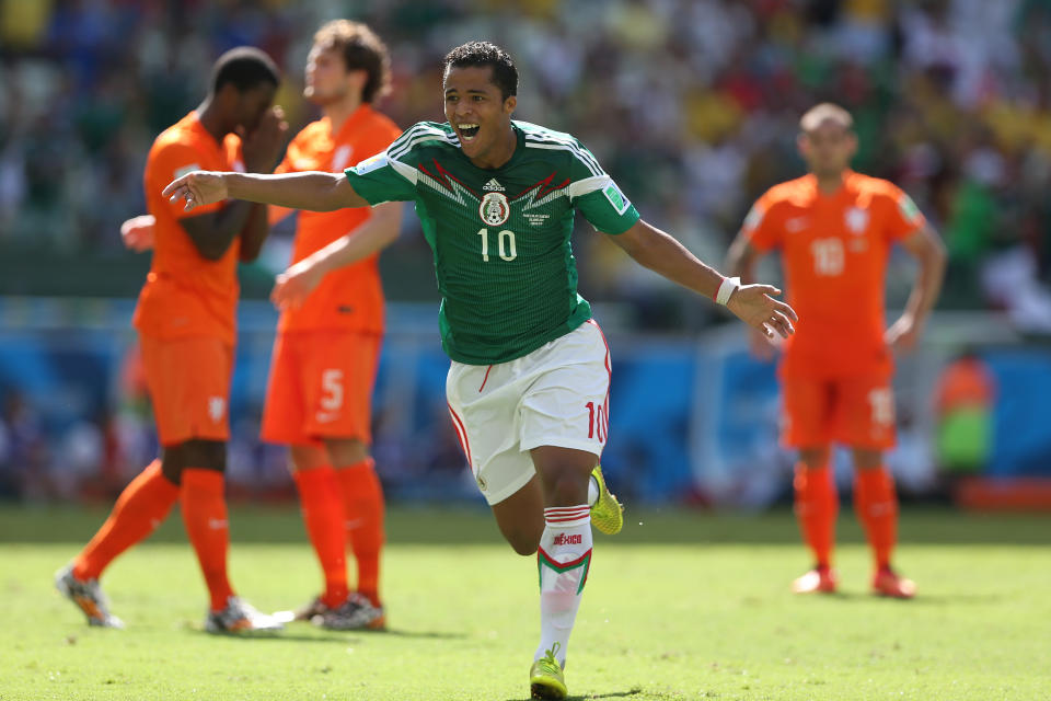 FORTALEZA, BRAZIL - JUNE 29:  Giovani dos Santos of Mexico celebrates after he scores during the Round of 16 match of the 2014 World Cup between Netherlands and Mexico at the Estadio Castelao on June 29, 2014 in Fortaleza, Brazil. (Photo by Ian MacNicol/Getty Images)