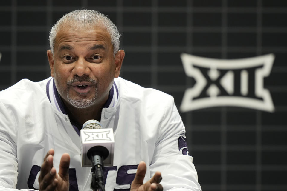 Kansas State coach Jerome Tang addresses the media during the NCAA college Big 12 men's basketball media day Wednesday, Oct. 18, 2023, in Kansas City, Mo. (AP Photo/Charlie Riedel)