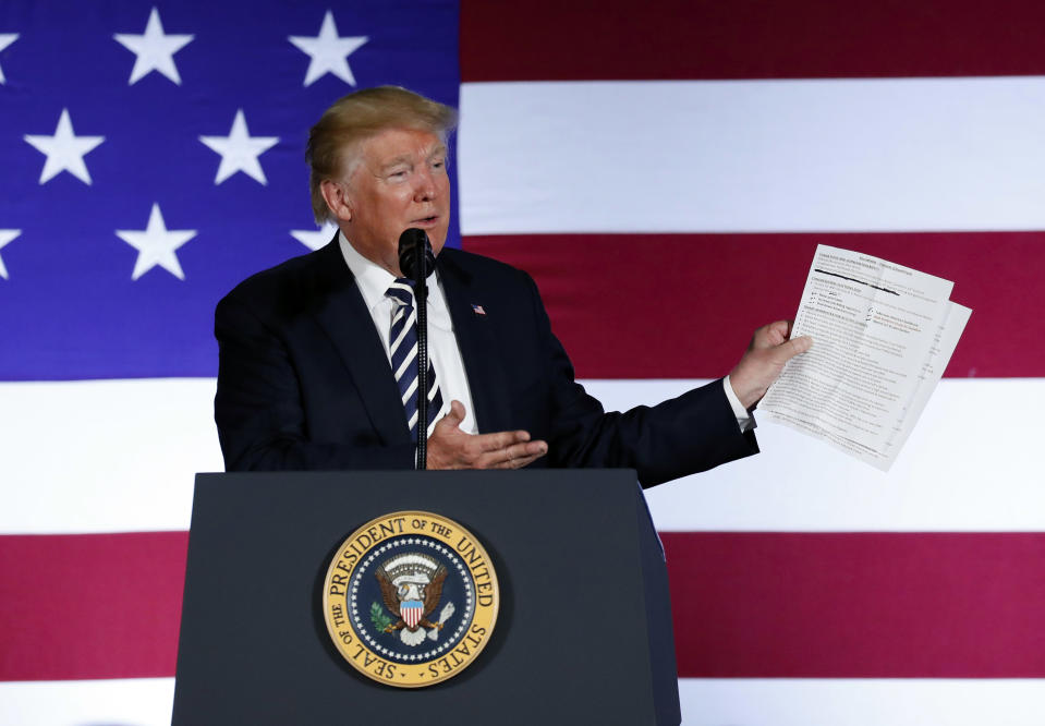 In this Aug. 31, 2018, photo, President Donald Trump holds up a list of his administrations accomplishments while speaking at a Republican fundraiser at the Carmel Country Club in in Charlotte, N.C. President Donald Trump is starting his Labor Day with an attack on a top union leader. Trump tweeted Monday that AFL-CIO President Richard Trumka “represented his union poorly on television this weekend.” He added: “it is easy to see why unions are doing so poorly. A Dem!” Trumka appeared on “Fox News Sunday,” where he said efforts to overhaul the North American Free Trade Agreement should include Canada. (AP Photo/Pablo Martinez Monsivais)