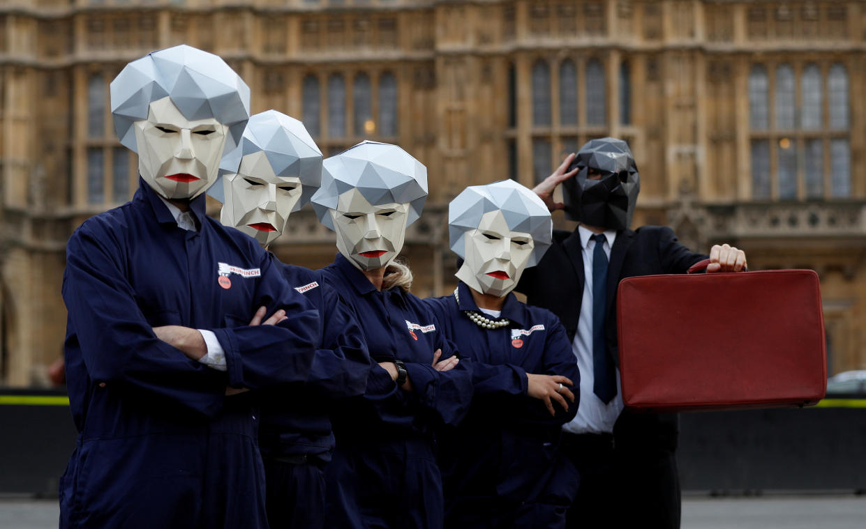 Britain’s GMB union stages a protest of ‘Maybots’ outside parliament on Budget day (REUTERS/Peter Nicholls)