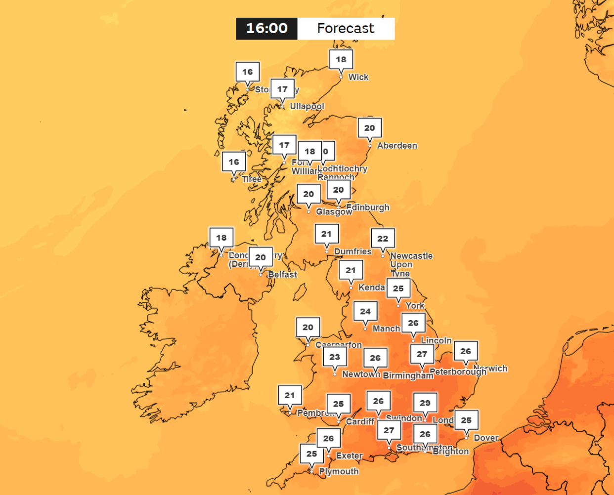 The predicted temperatures on Tuesday. (Met Office)