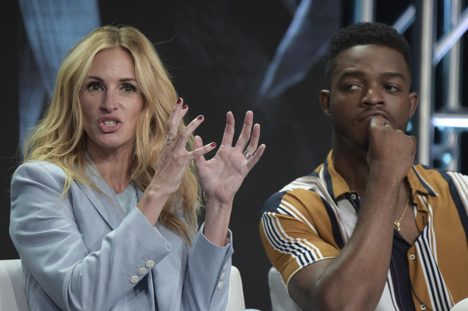 Julia Roberts, left, and Stephan James participate in the "Homecoming" panel during the TCA Summer Press Tour on Saturday, July 28, 2018, in Beverly Hills, Calif. (Photo by Richard Shotwell/Invision/AP)