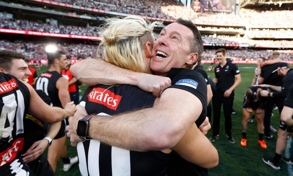 <span>Darcy Moore and Craig McRae hug at the end of Collingwood’s 2023 AFL grand final win over Brisbane. A new documentary charts the Pies’ premiership season.</span><span>Photograph: Michael Willson/AFL Photos/Getty Images</span>