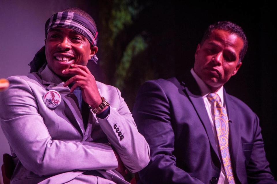 Stevante Clark, left, speaks on a panel with Sacramento Police Chief Daniel Hahn after the premiere of The Sacramento Bee’s documentary “S.A.C.,” which chronicles how the death of Stephon Clark changed Sacramento, at the Sofia Tsakopoulos Center for The Arts, Thursday, Dec. 12, 2019.