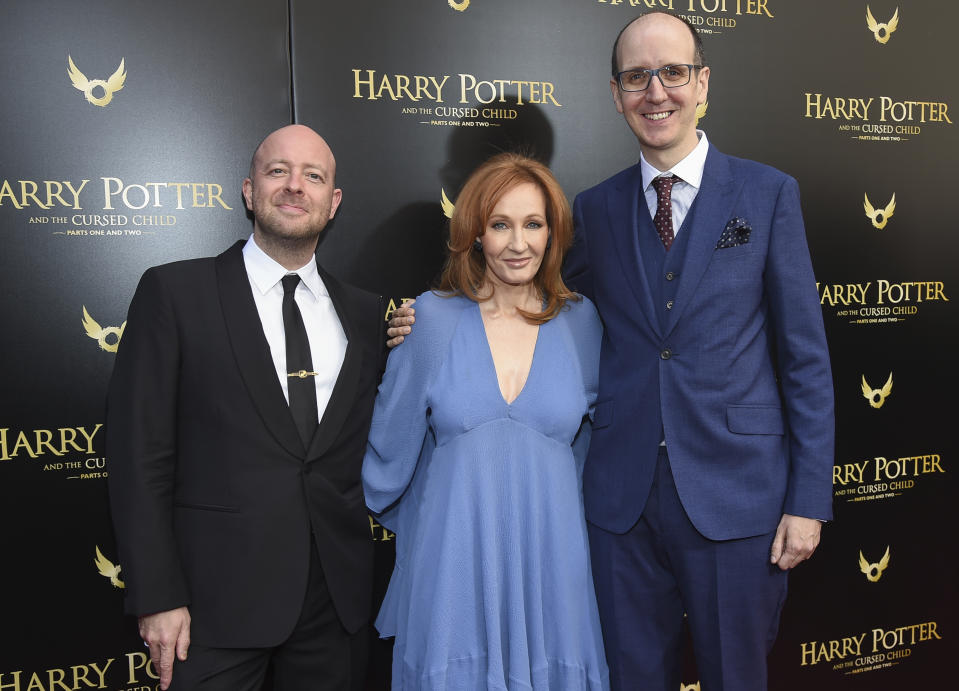 Director John Tiffany, left, author J.K. Rowling and playwright Jack Thorne attend the “Harry Potter and the Cursed Child” Broadway opening at the Lyric Theatre on Sunday, April 22, 2018, in New York. (Photo by Evan Agostini/Invision/AP)