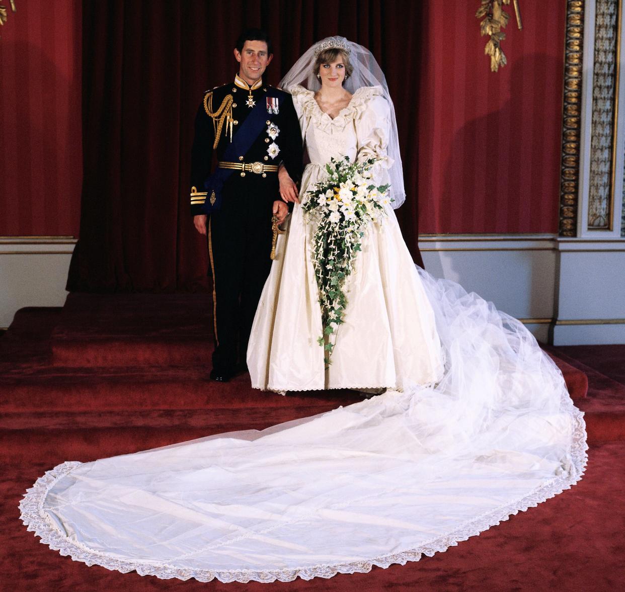 Diana, Princess of Wales and Prince Charles pose for the official photograph by Lord Lichfield in Buckingham Palace at their wedding on July 29, 1981 in St. Pauls Cathedral, London