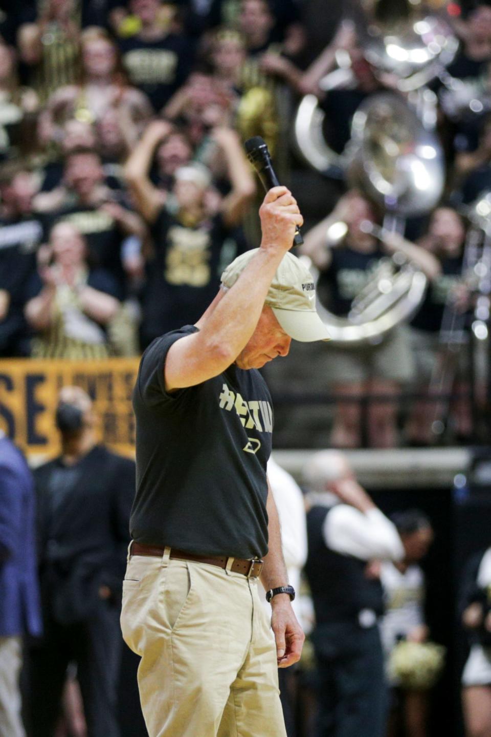 Purdue University President Mitch Daniels speaks during the first half of an NCAA men's basketball game, Saturday, March 5, 2022 at Mackey Arena in West Lafayette.