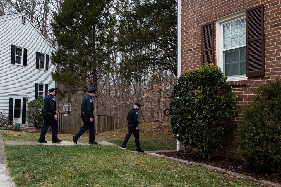 Capitol Police Officers arrive to speak to the family of fallen officer Brian Sicknick on Jan. 8, 2021 in Springfield, Va.