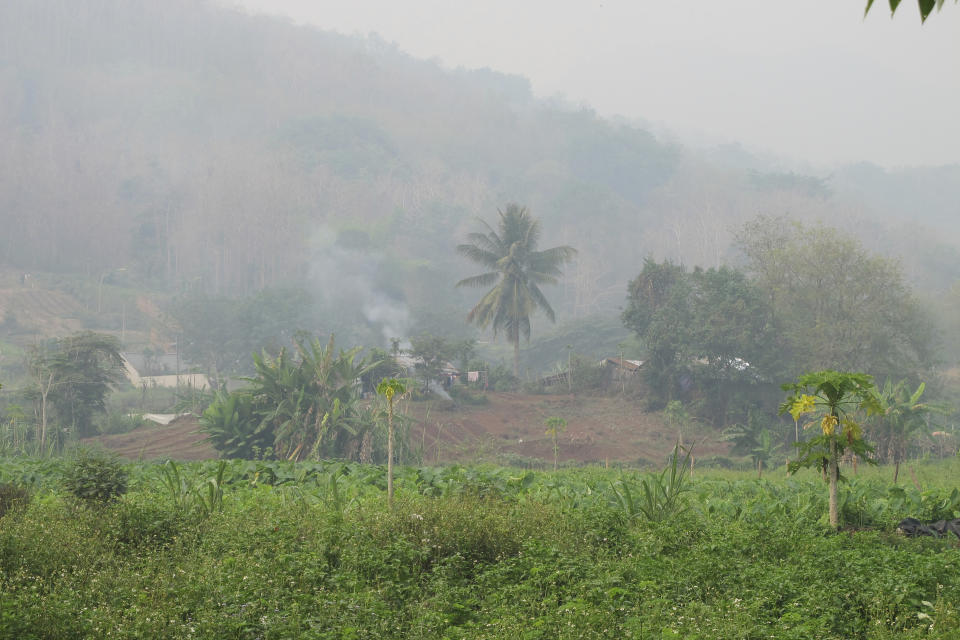 Smoke from trash burning in a village outside the Lao UNESCO heritage site of Luang Prabang joins the heavy haze over much of inland Southeast Asia due to crop and waste burning, Saturday, April 6, 2024. ASEAN finance ministers met in Luang Prabang this week to discuss economic and financial issues including ways to help finance reductions in carbon emissions that contribute to global warming. (AP Photo/Elaine Kurtenbach)