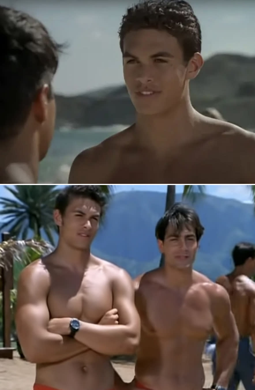 Jason shirtless at the beach in "Baywatch" when he was